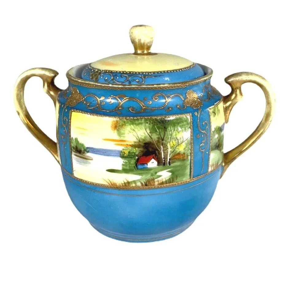 Vtg Chikaramachi Creamer Sugar Bowl Set Hand Painted Japan Green Mark 1924-35 - Picture 3 of 12